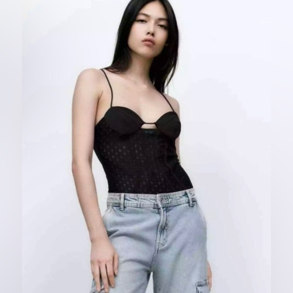 Zara Black peek a boo sheer mesh Lace Bodysuit Size small brand‎ new - Picture 2 of 10